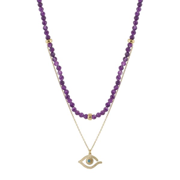 Κολιέ Gifting Symbols ασημένιο επίχρυσο με μωβ πέτρες και μάτι