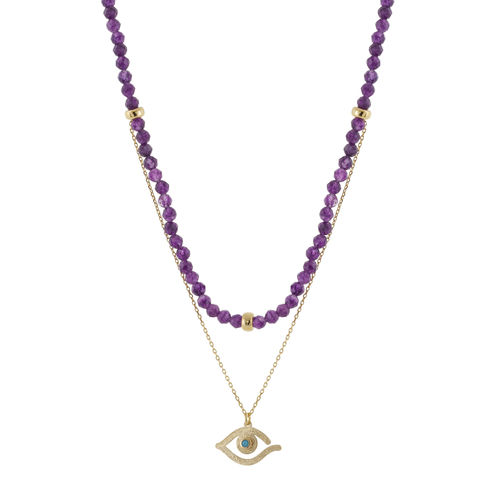 01X05-04042 Κολιέ Gifting Symbols ασημένιο επίχρυσο με μωβ πέτρες και μάτι