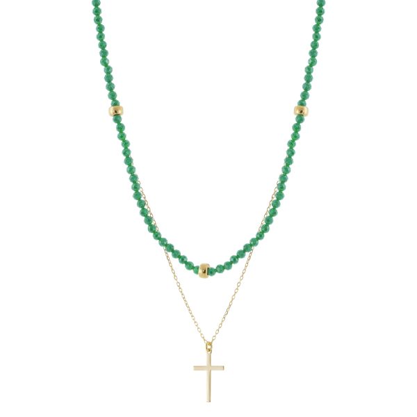Κολιέ Gifting Symbols ασημένιο με πράσινες πέτρες και σταυρό