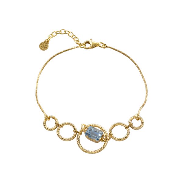 Βραχιόλι Jacky ασημένιο επίχρυσο με διαμαντέ κρίκους και aqua ζιργκόν