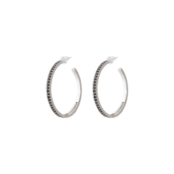 Σκουλαρίκια Natrix μεταλλικά ασημί κρίκοι 3.4 cm με μαύρα ζιργκόν