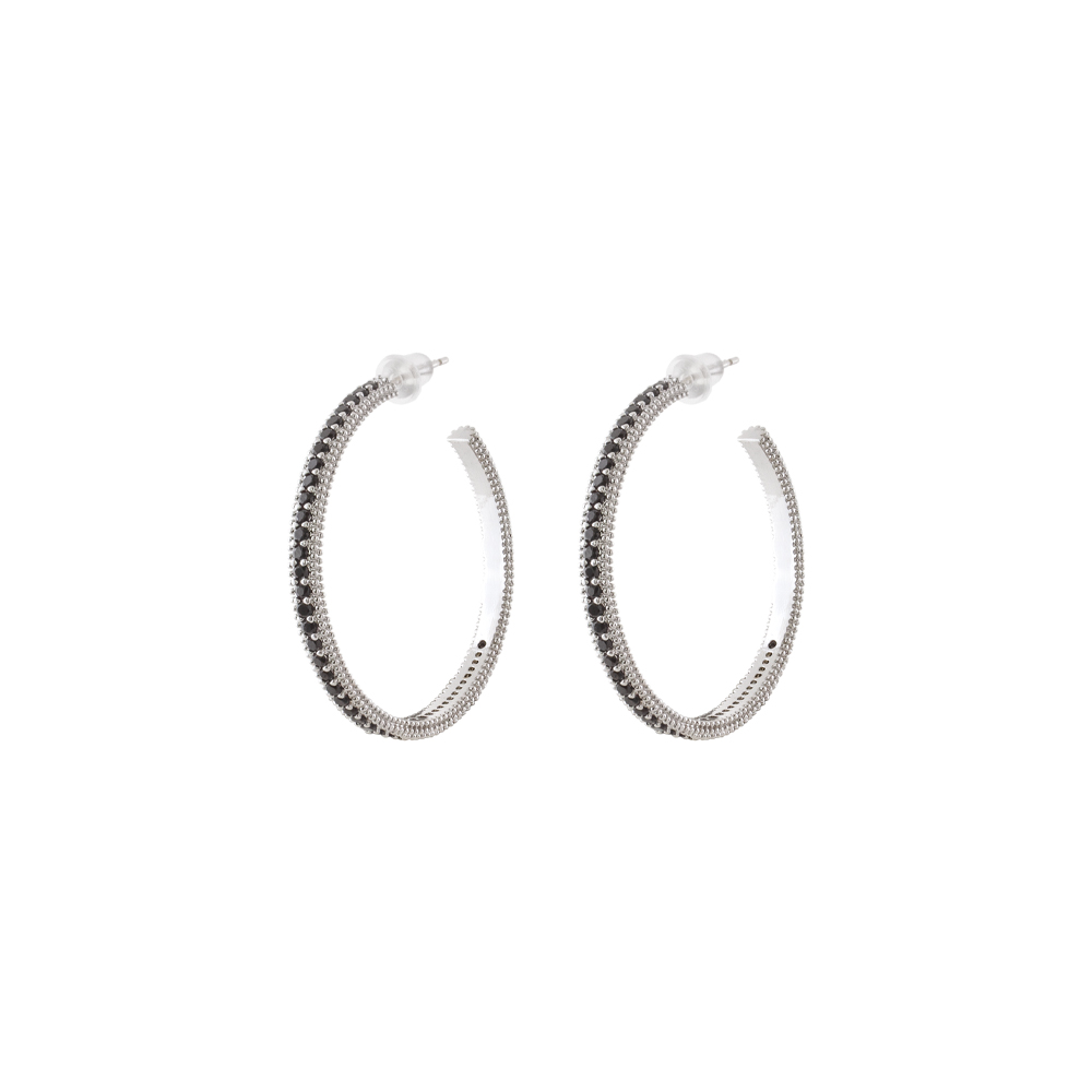 03X15-00682NEW Σκουλαρίκια Natrix μεταλλικά ασημί κρίκοι 3.4 cm με μαύρα ζιργκόν