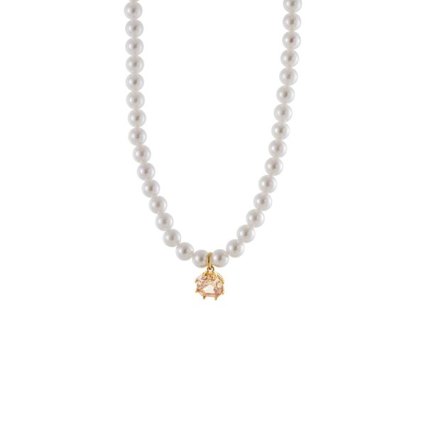 Κολιέ Gifting ασημένιο επίχρυσο με λευκές πέρλες και champagne ζιργκόν