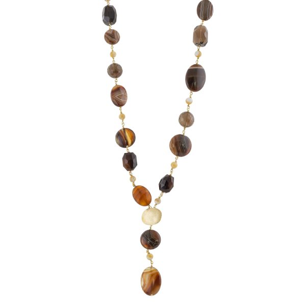 Κολιέ Holiday ασημένιο επίχρυσο μακρύ με καφέ πέτρες και στοιχείο
