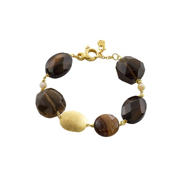 Βραχιόλι Holiday ασημένιο επίχρυσο με καφέ πέτρες και στοιχείο