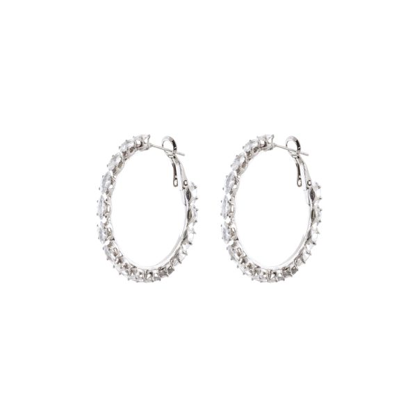 Σκουλαρίκια Party μεταλλικά ασημί κρίκοι 3.7 cm με λευκά ζιργκόν