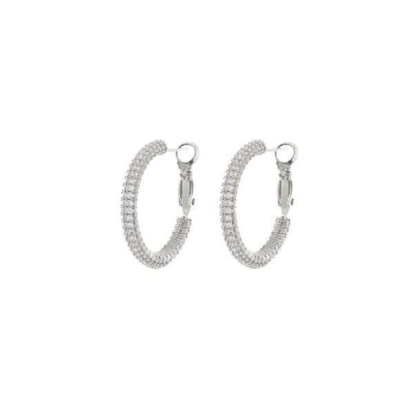 Σκουλαρίκια Party μεταλλικά ασημί κρίκοι 2.5 cm με λευκά ζιργκόν