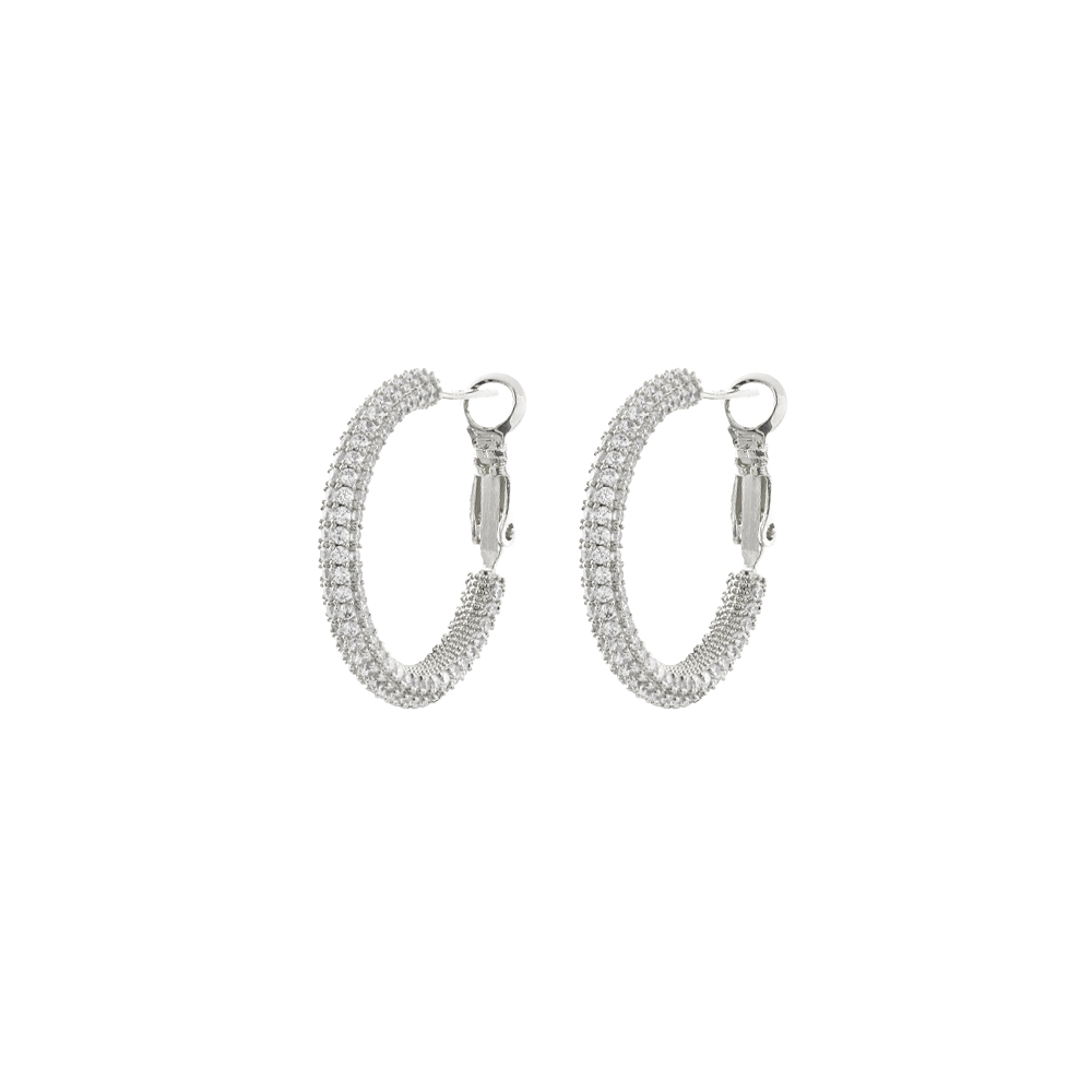 03X15-00715 Σκουλαρίκια Party μεταλλικά ασημί κρίκοι 2.5 cm με λευκά ζιργκόν
