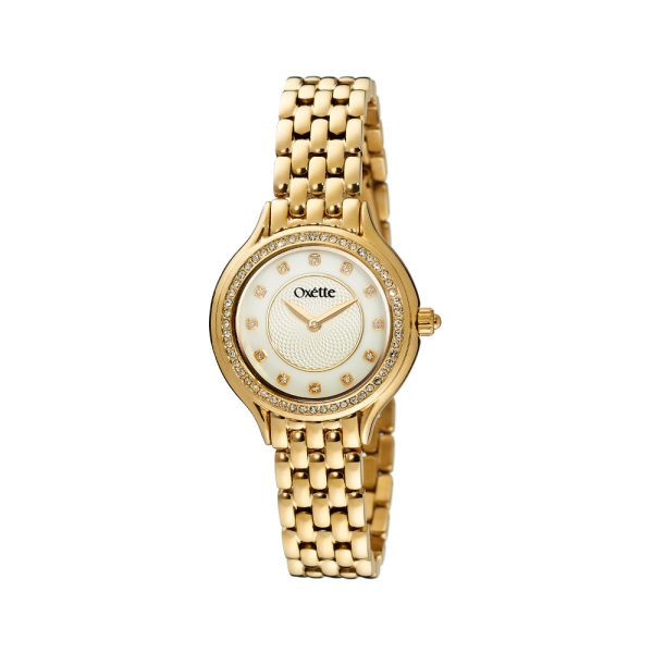 Ρολόι Oxette με επίχρυσο ατσάλινο μπρασελέ και λευκό mop καντράν με κρύσταλλα
