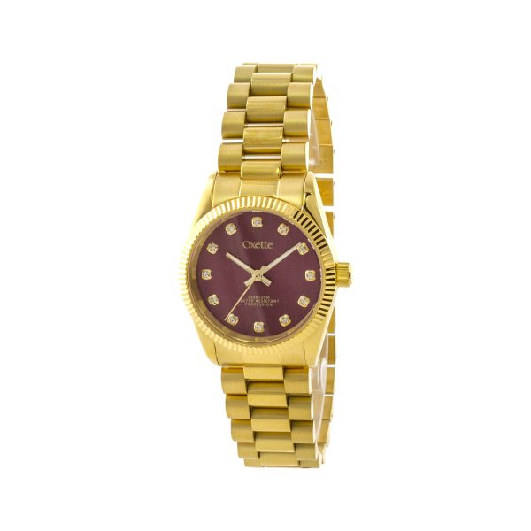 Ρολόι Guide με επίχρυσο ατσάλινο μπρασελέ και burgundy καντράν με κρύσταλλα