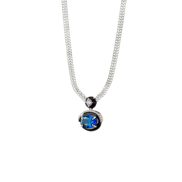Κολιέ Party μεταλλικό ασημί με μαύρο σμάλτο και μπλε και λευκά κρύσταλλα