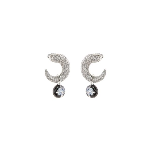 Σκουλαρίκια Party μεταλλικά ασημί με μαύρο σμάλτο και λευκά κρύσταλλα
